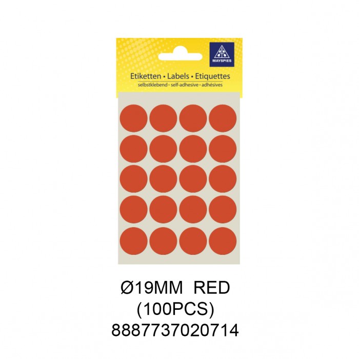 MAYSPIES MS019 COLOUR DOT LABEL / 5 SHEETS/PKT / 100PCS / ROUND 19MM RED